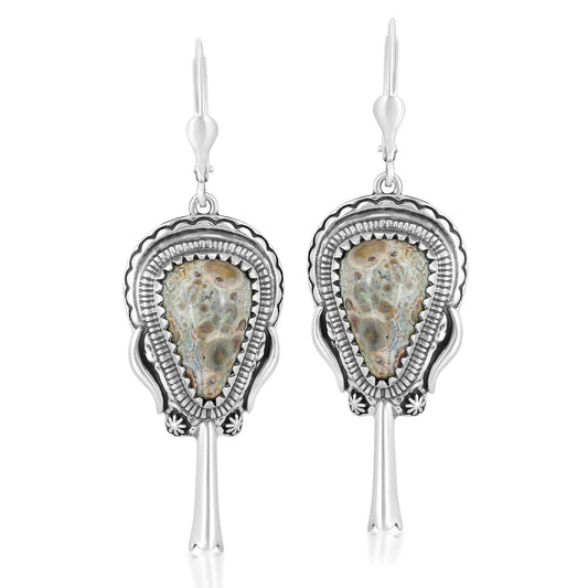 Sterling Silver Leopard Jasper Squash Blossom Dangle Earrings