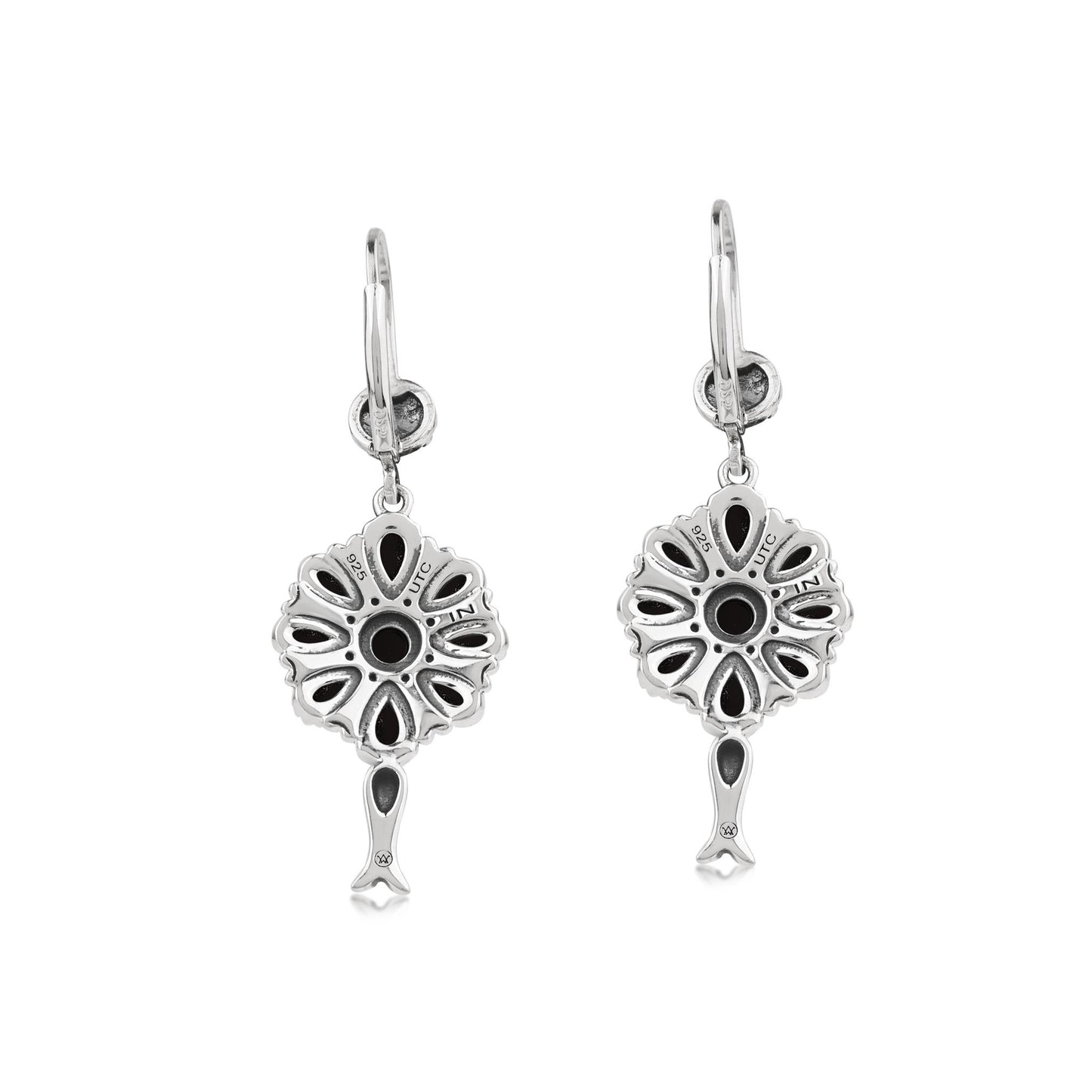  Sterling Silver Black Onyx Flower Cluster Squash Blossom Earrings