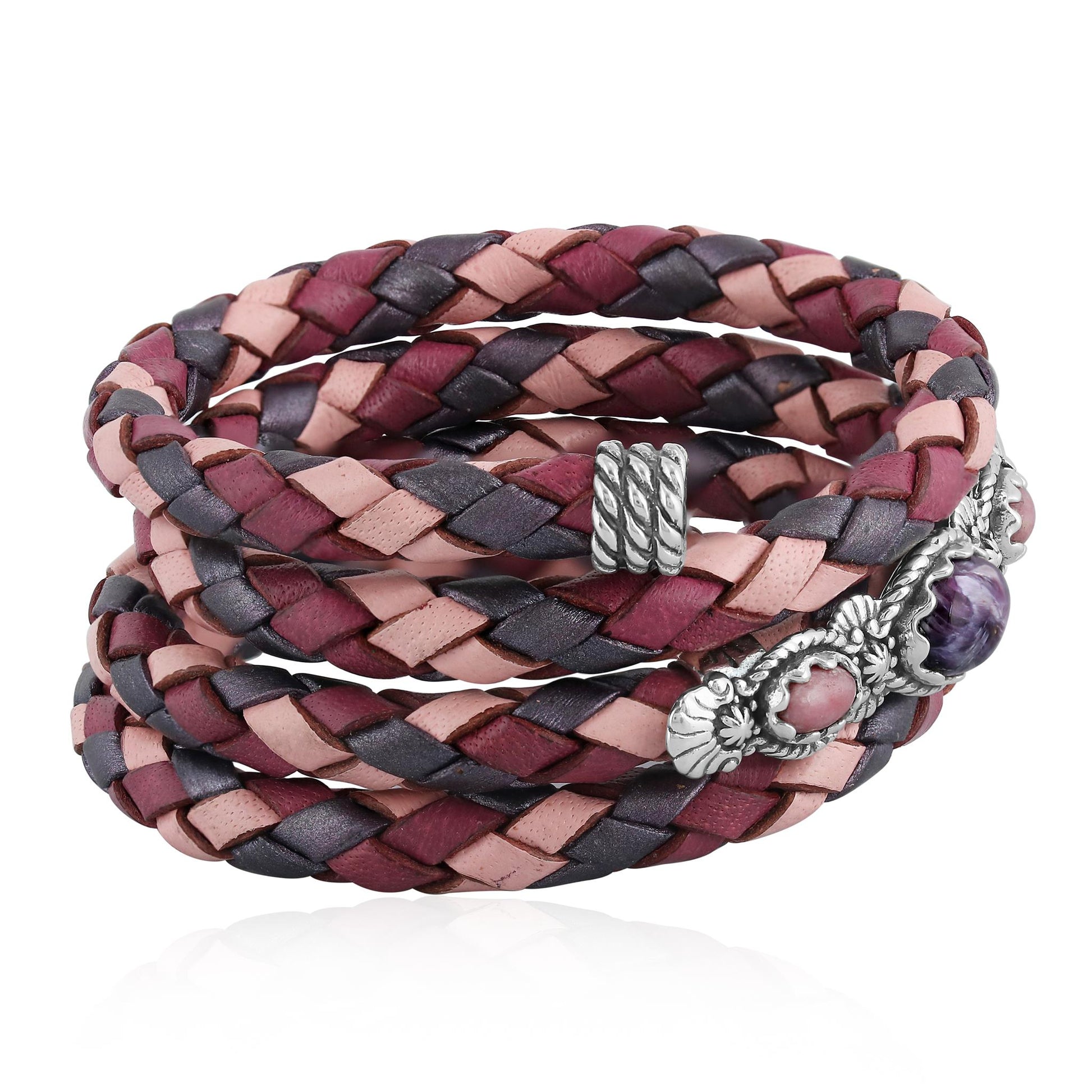 Sterling Silver Charoite and Rhodonite Pink Tonal Braided Leather Wrap Bracelet