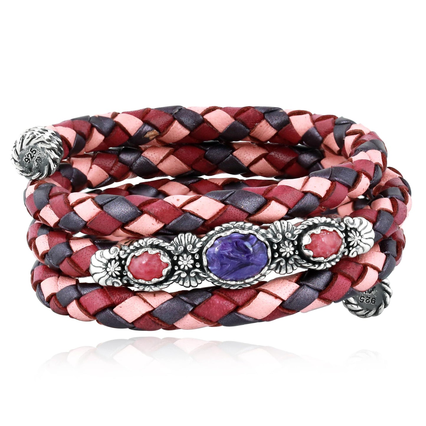 Sterling Silver Charoite and Rhodonite Pink Tonal Braided Leather Wrap Bracelet
