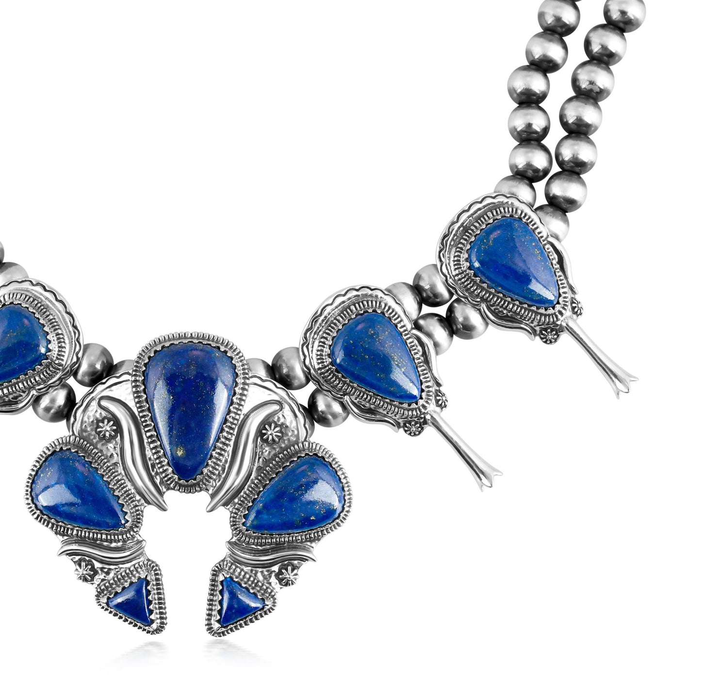 EXCLUSIVELY OURS! Sterling Silver Lapis Large Naja Squash Blossom Necklace, 21 to 24 Inches