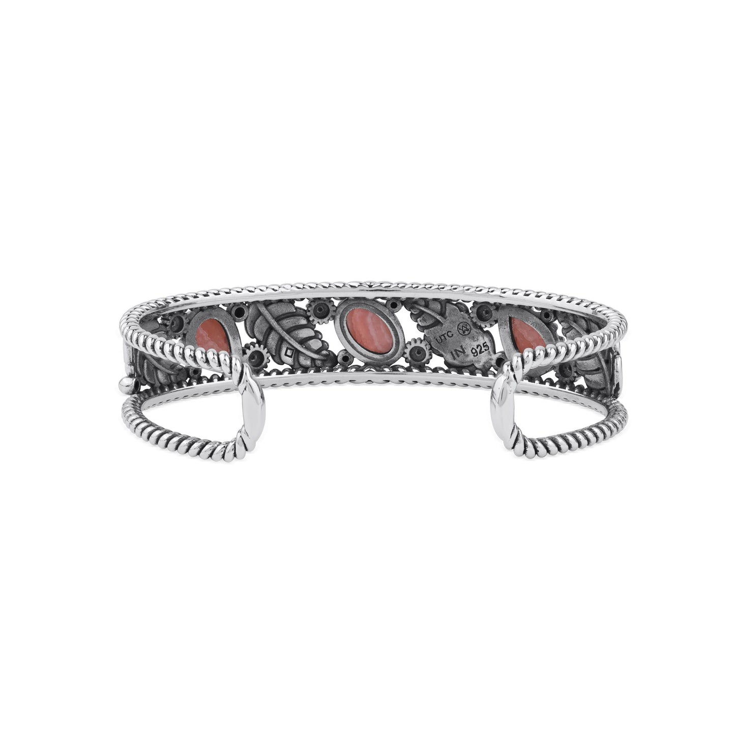  Sterling Silver Rhodochrosite Oval and Pear Leaf Cuff Bracelet