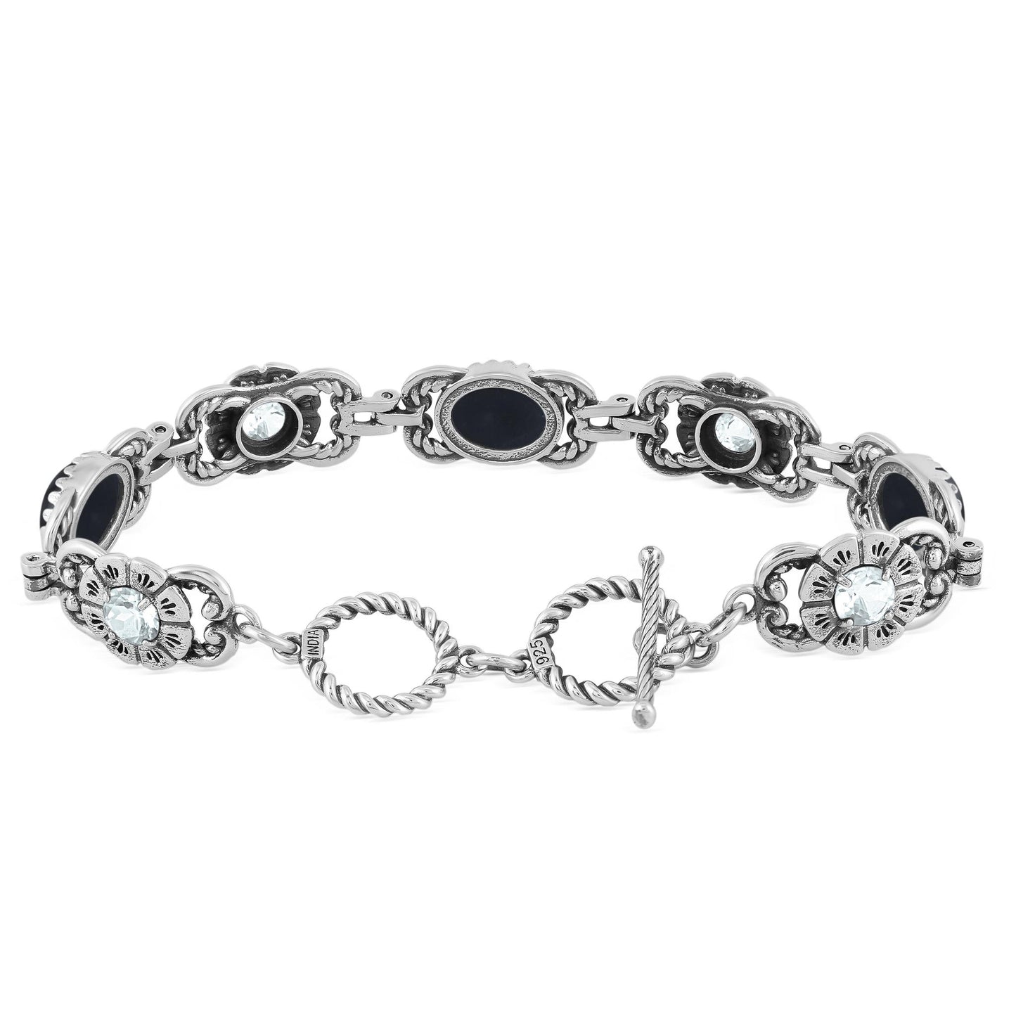 Sterling Silver Black Agate and White Topaz Concha Link Bracelet, Sizes Small to Large