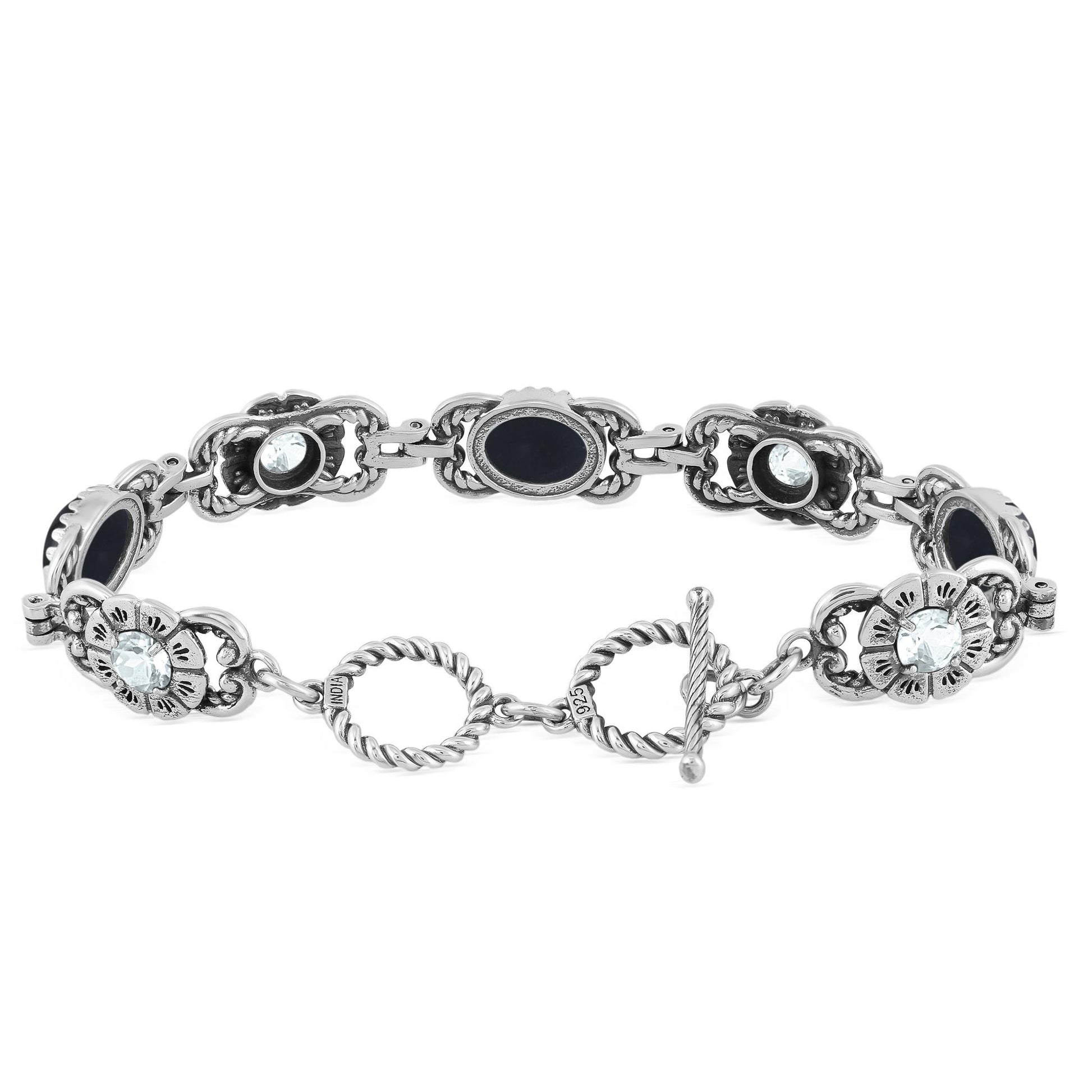 Sterling Silver Black Agate and White Topaz Concha Link Bracelet, Sizes Small to Large