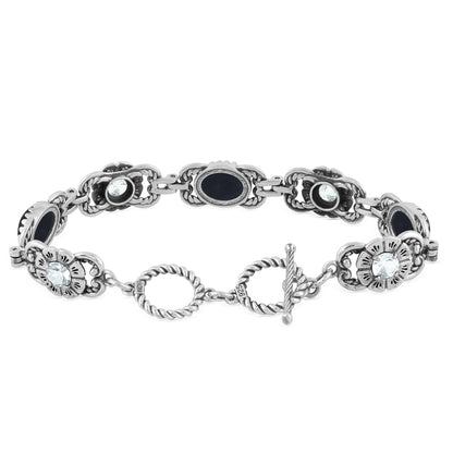 Sterling Silver Black Agate and White Topaz Concha Link Bracelet, Sizes Small to Large