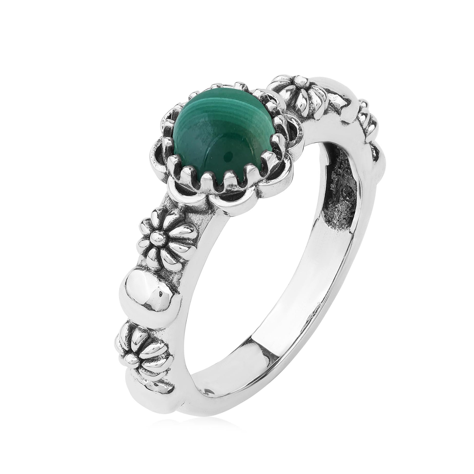 Sterling Silver Malachite Single Row Concha Flower Ring