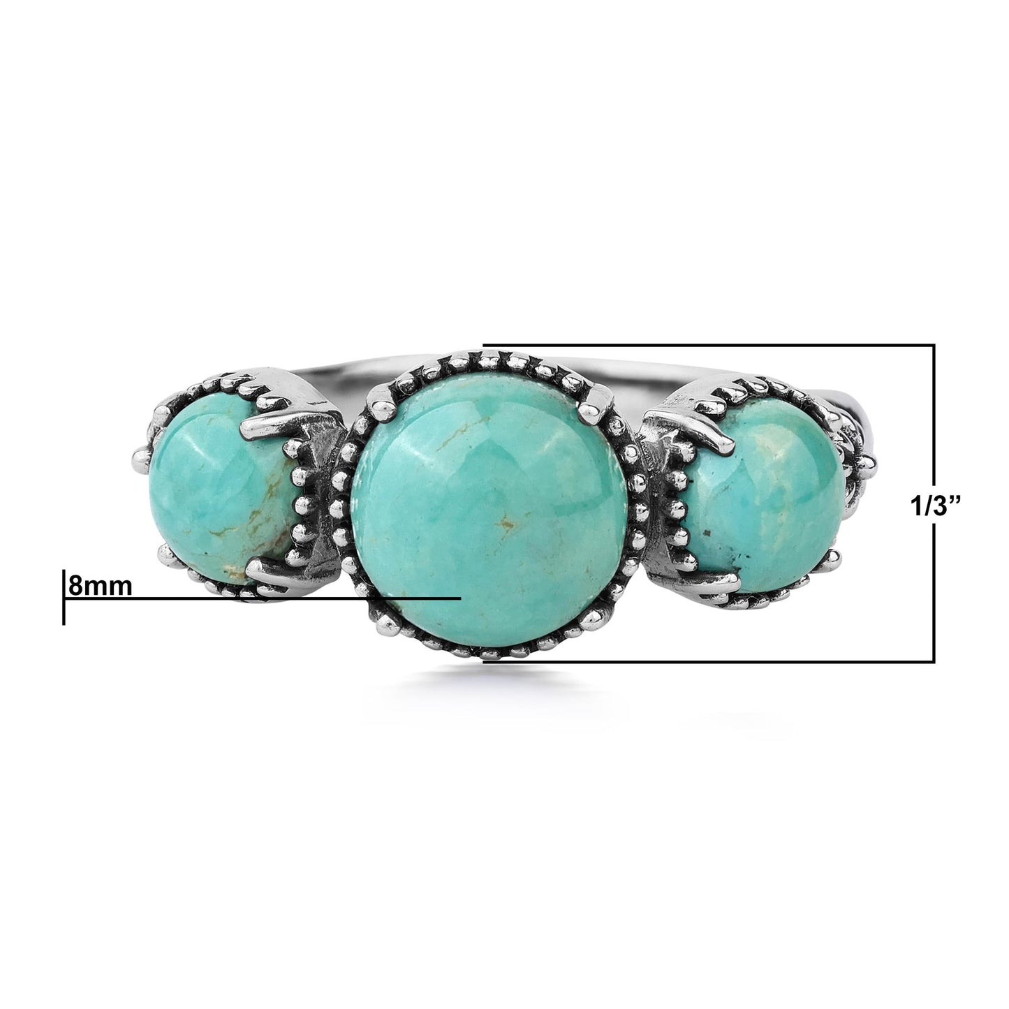 Sterling Silver Green Turquoise Oval 3 Stone Concha and Bead Ring