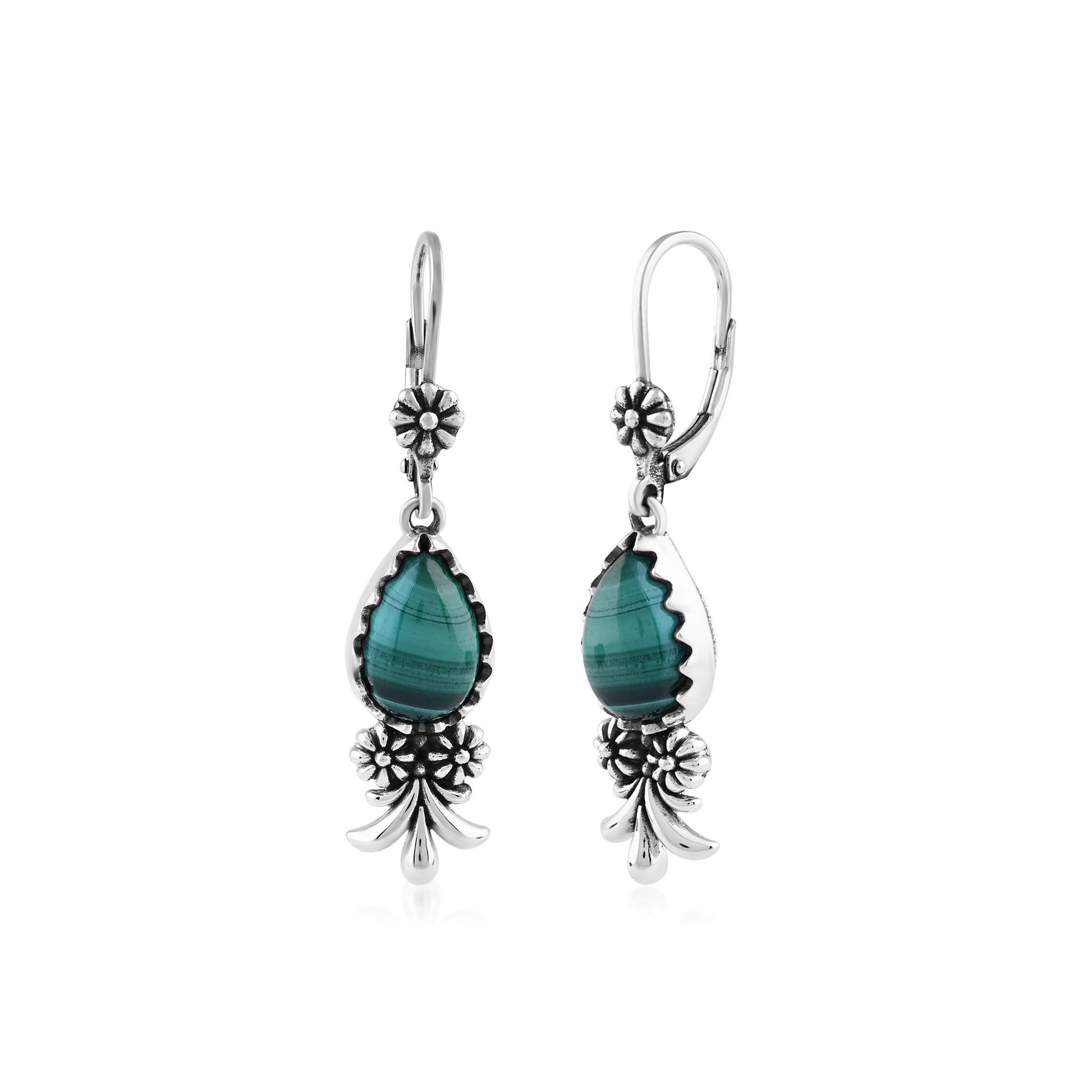  Sterling Silver Malachite Teardrop Concha Squash Blossom Dangle Earrings