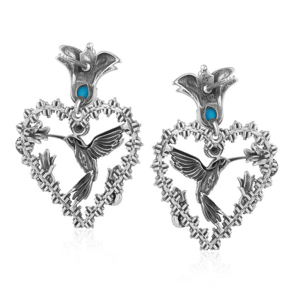 Sterling Silver Sleeping Beauty Turquoise Fritz Casuse Heart Hummingbird Earrings