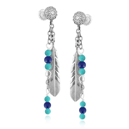 EXCLUSIVELY OURS! Sterling Silver Lapis and Kingman Turquoise Feather Design Dangle Earrings