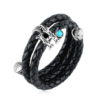 Sterling Silver Sleeping Beauty Turquoise Black Leather Initial "H" Coil Bracelet