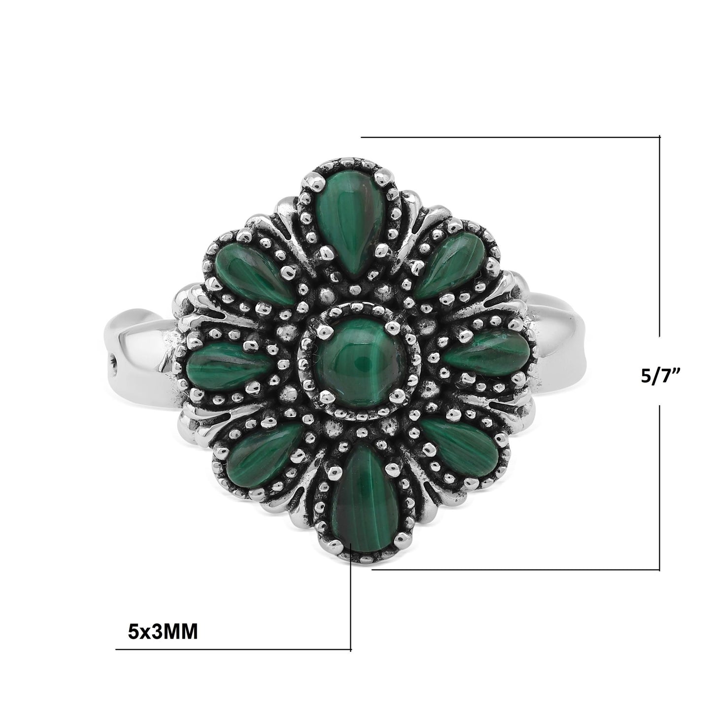  Sterling Silver Malachite Flower Cluster Ring, Sizes 5 to 10