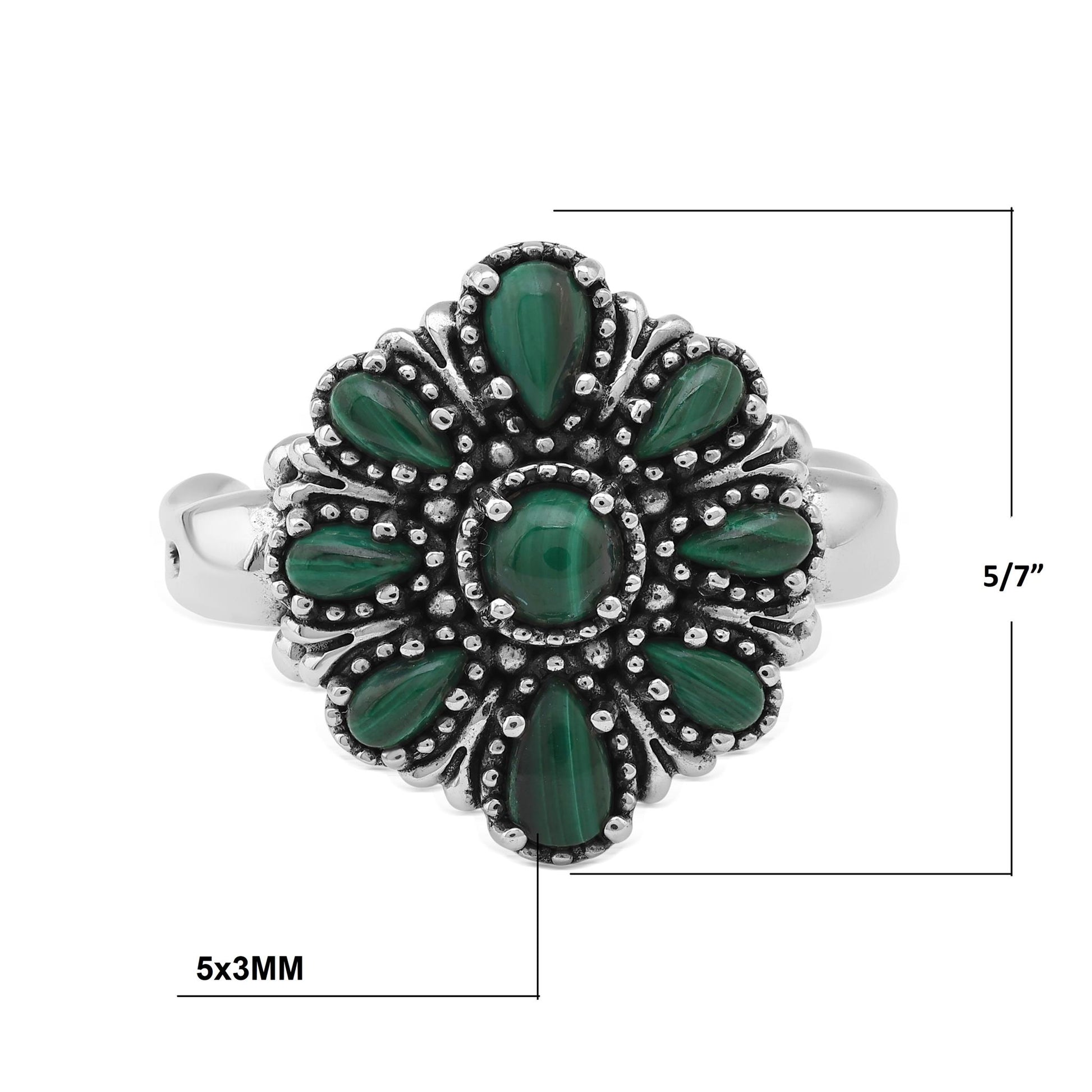  Sterling Silver Malachite Flower Cluster Ring, Sizes 5 to 10