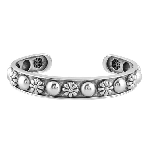 Sterling Silver Concha Flower and Bead Wide Cuff Bracelet