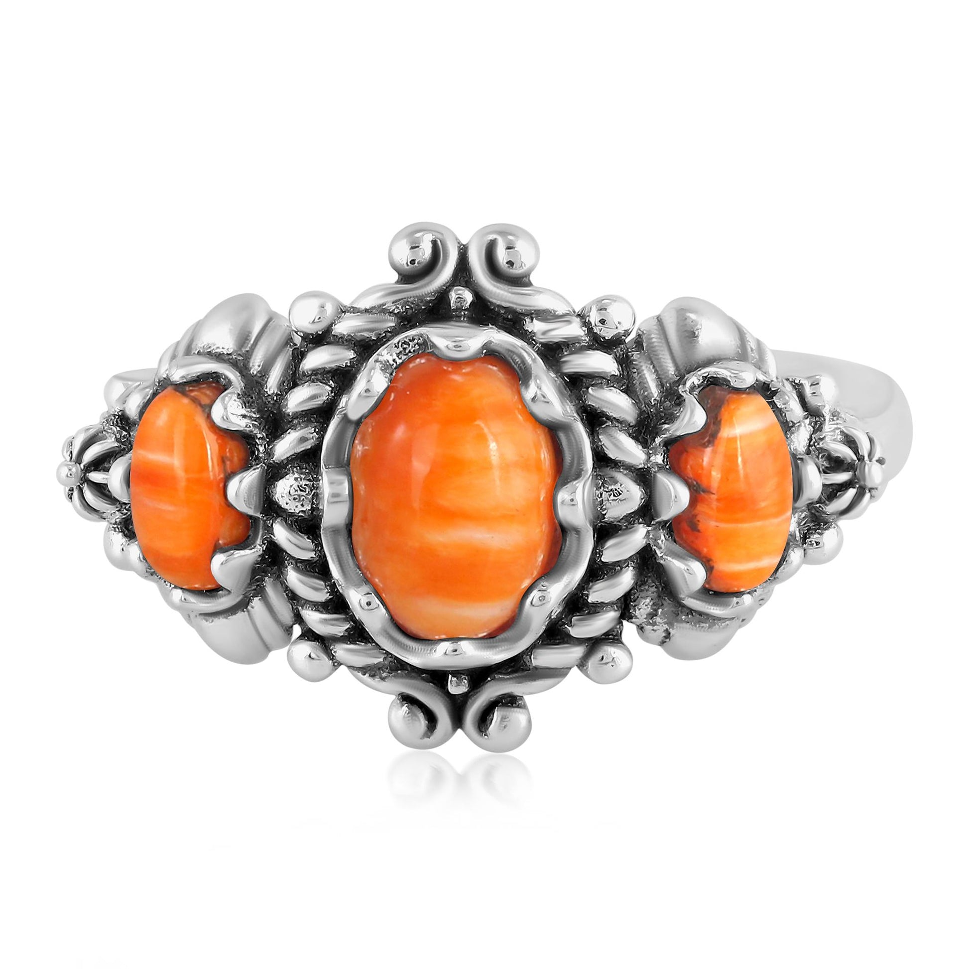 Sterling Silver Orange Spiny Oyster 3-Stone Oval Scalloped Bezel Ring, Sizes 5 to 10