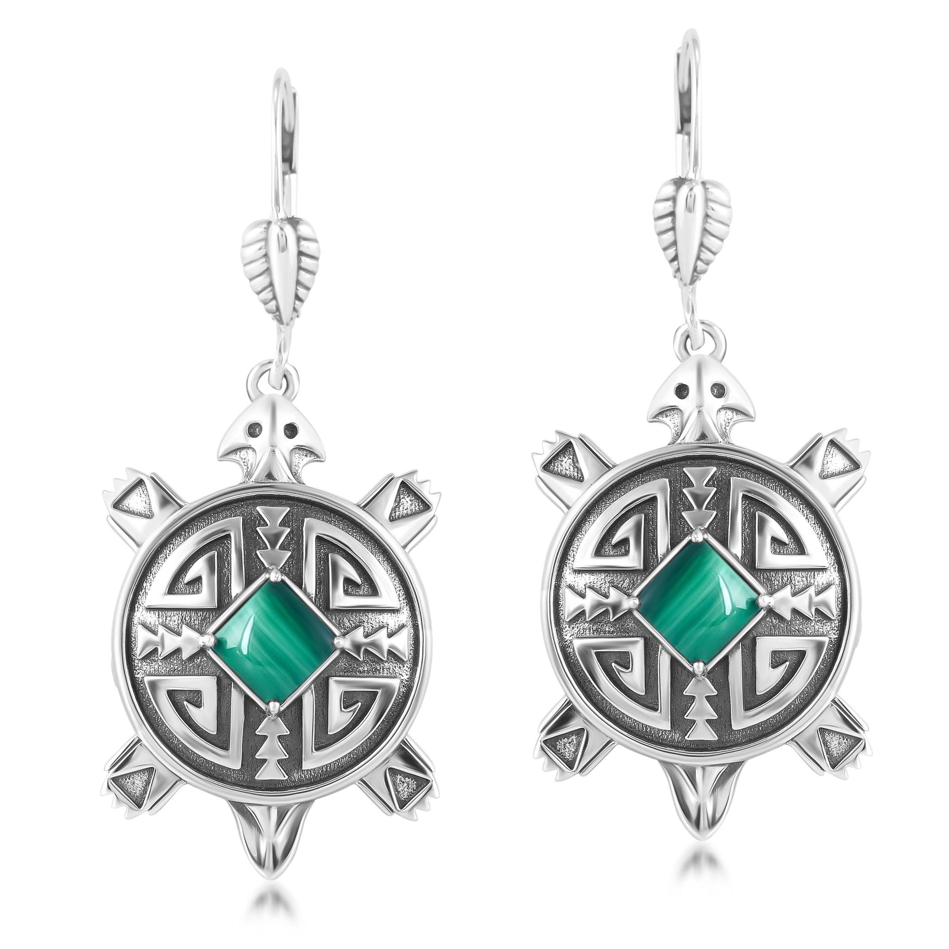 EXCLUSIVELY OURS! Sterling Silver Malachite Turtle Dangle Earrings