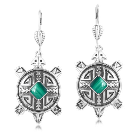 EXCLUSIVELY OURS! Sterling Silver Malachite Turtle Dangle Earrings