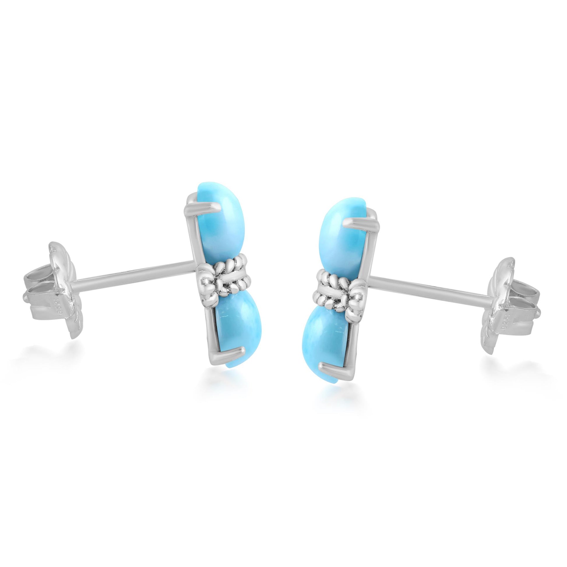 Sterling Silver Round Larimar Concha Stud Earrings 