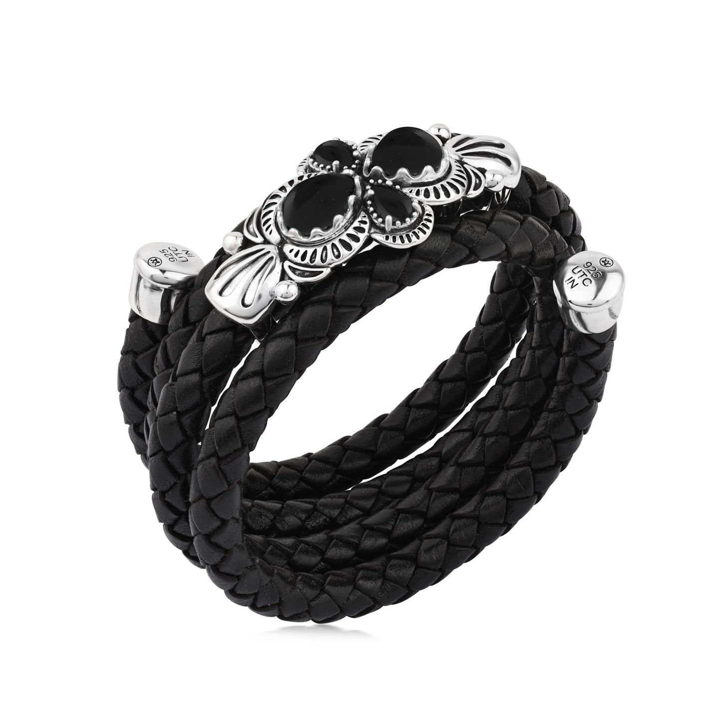  Sterling Silver Black Onyx Pear Cluster Black Leather Wrap Bracelet 