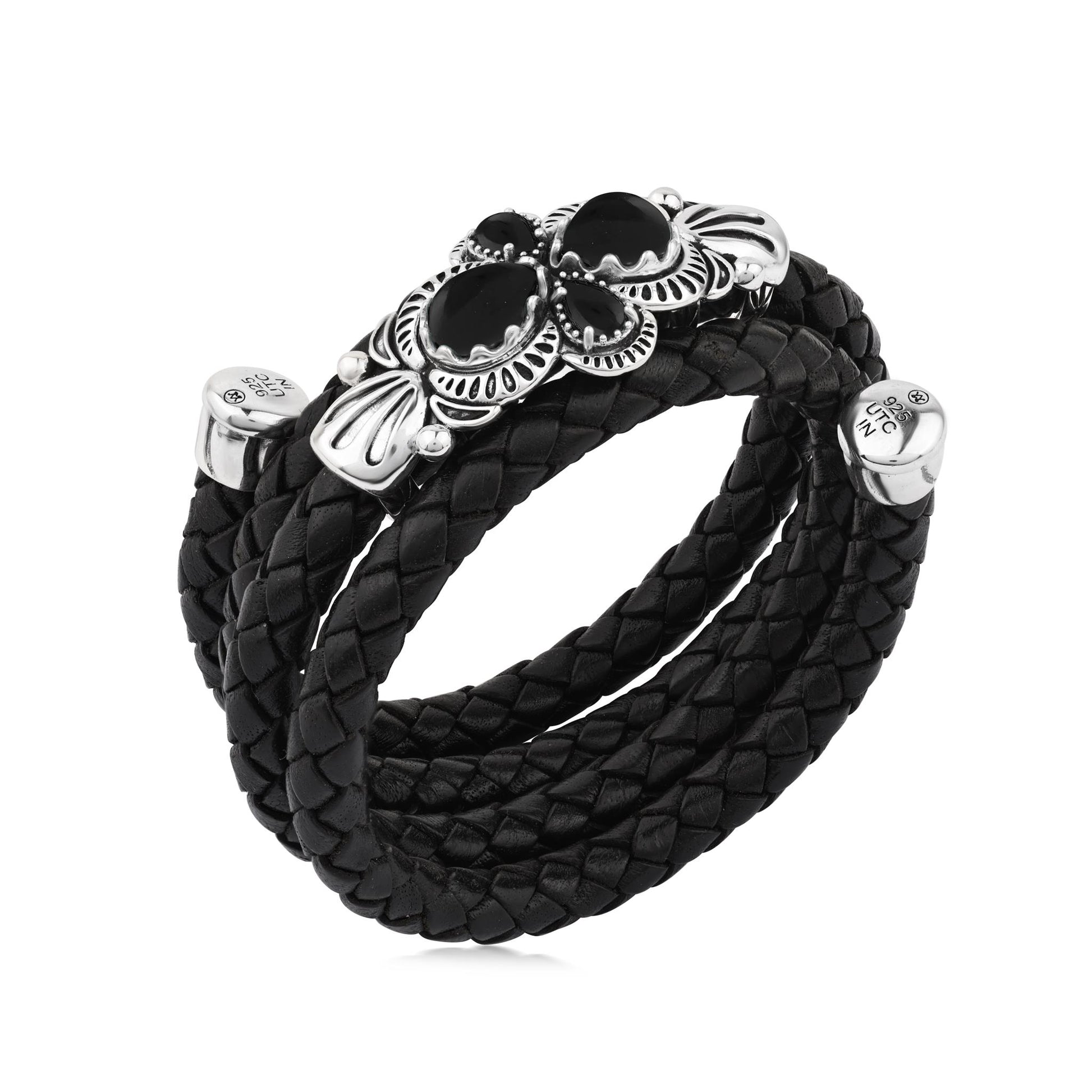  Sterling Silver Black Onyx Pear Cluster Black Leather Wrap Bracelet 
