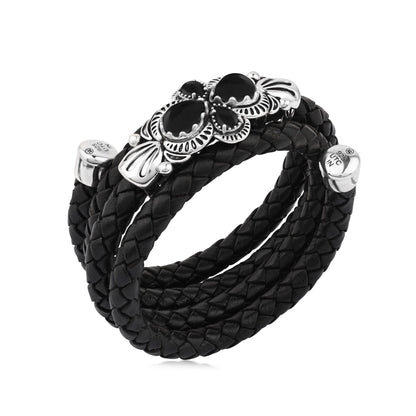  Sterling Silver Black Onyx Pear Cluster Black Leather Wrap Bracelet 