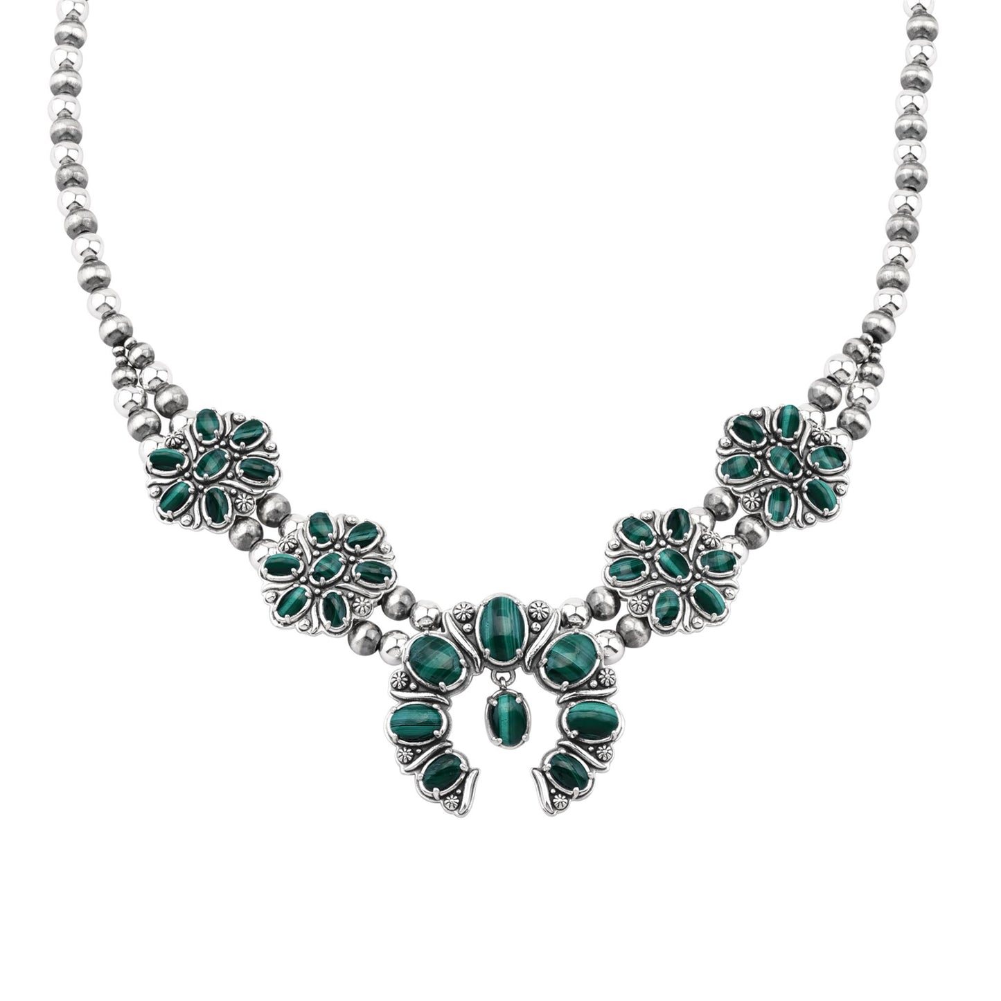  Sterling Silver Malachite Oval Cluster Naja Necklace