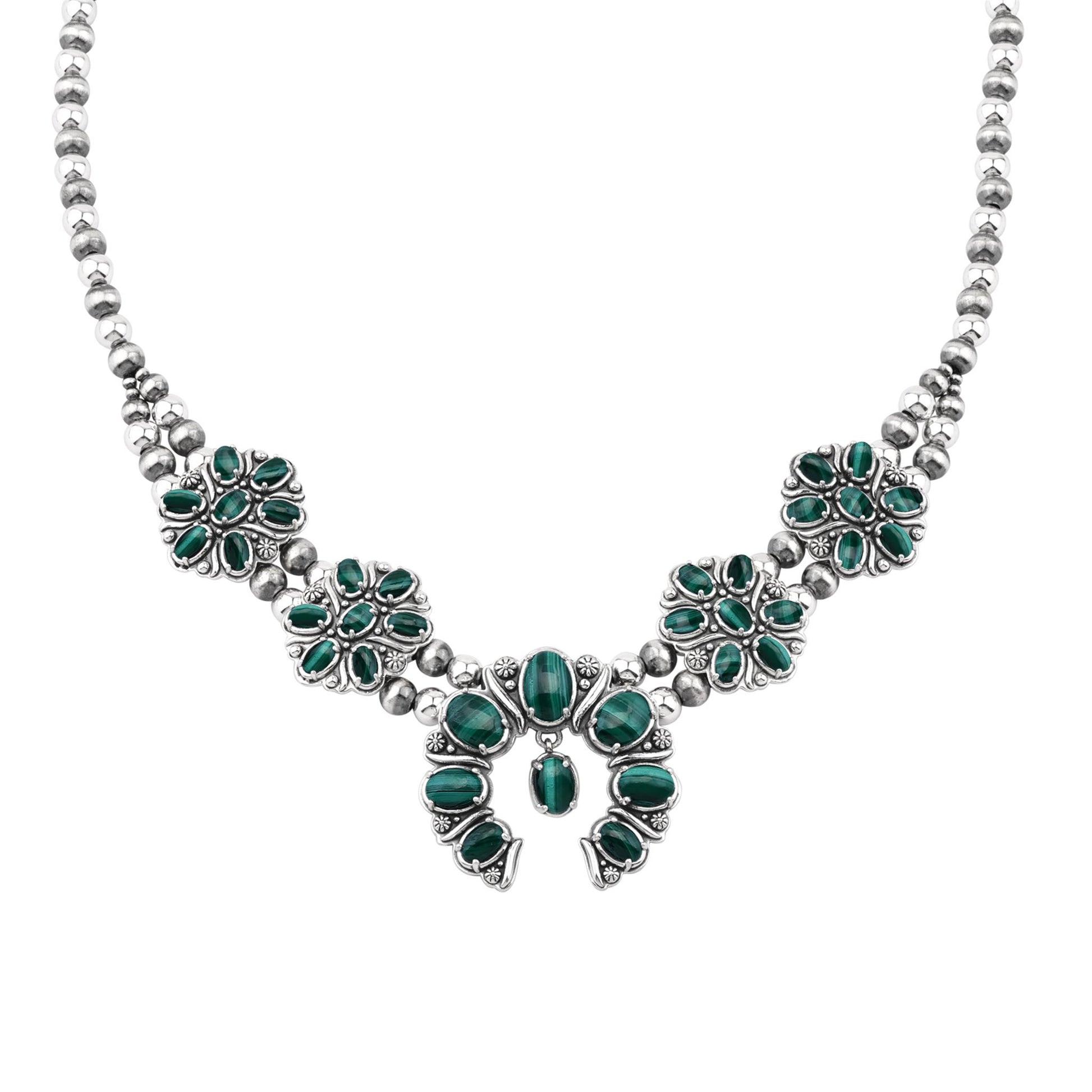  Sterling Silver Malachite Oval Cluster Naja Necklace