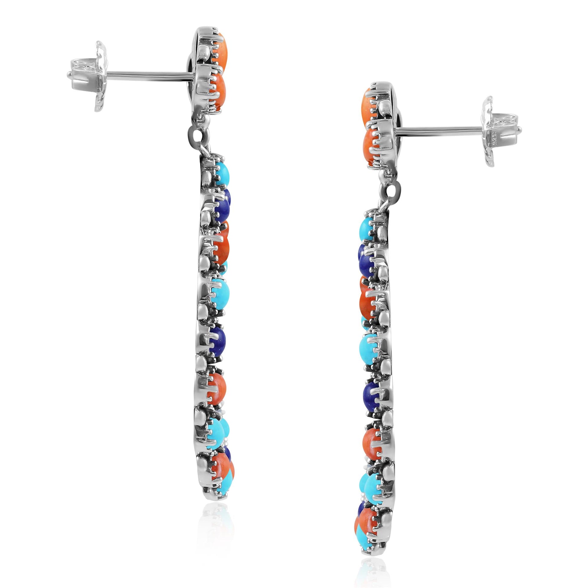 Sterling Silver Orange Spiny Oyster, Turquoise and Lapis Teardrop Post Back Earrings