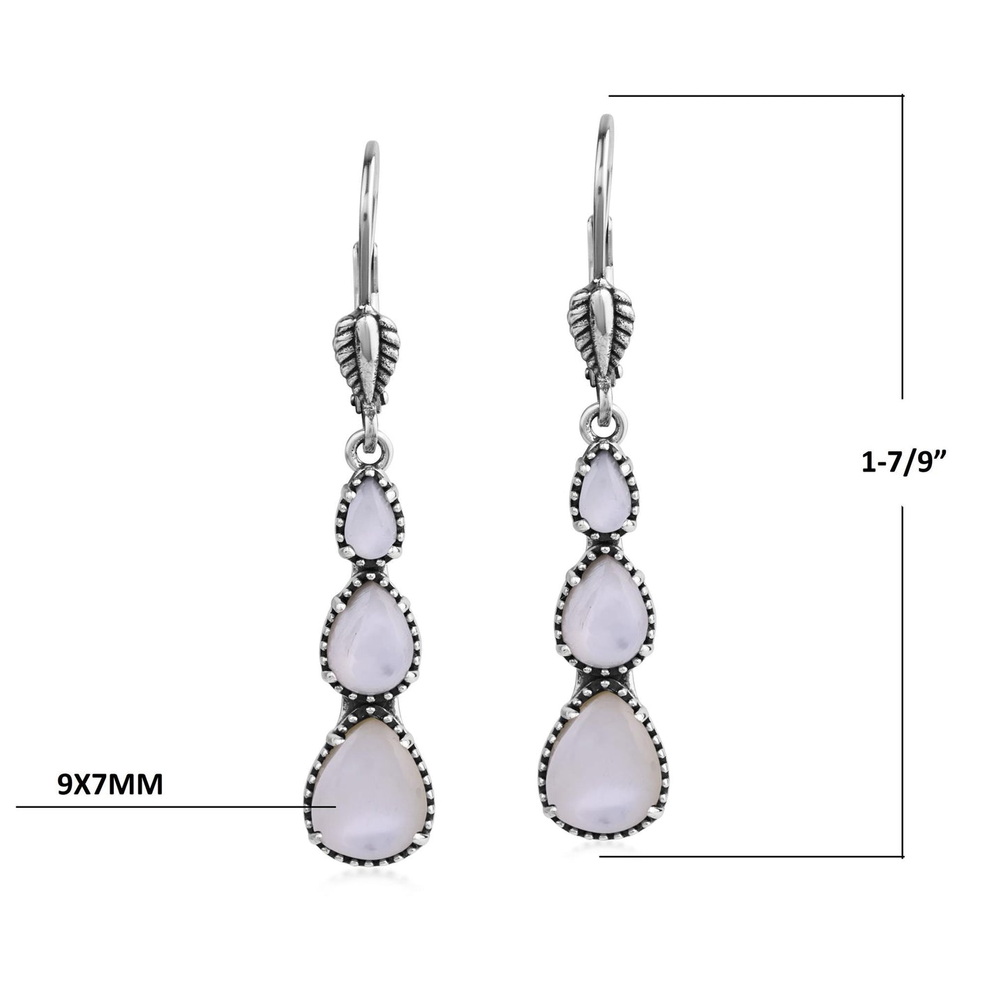  Sterling Silver White Mother of Pearl 3-Pear Drop Lever Back Earrings