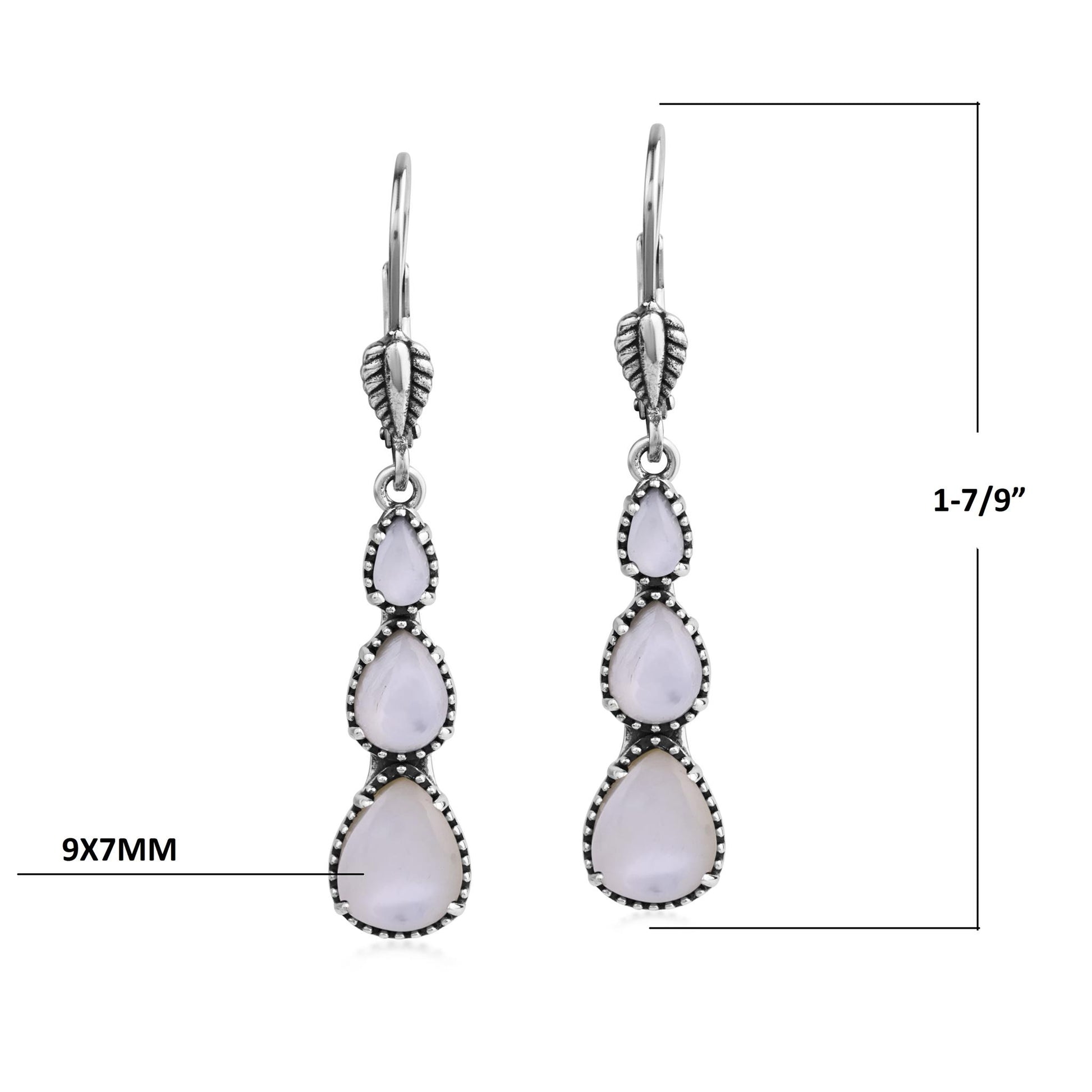  Sterling Silver White Mother of Pearl 3-Pear Drop Lever Back Earrings