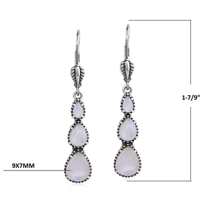  Sterling Silver White Mother of Pearl 3-Pear Drop Lever Back Earrings