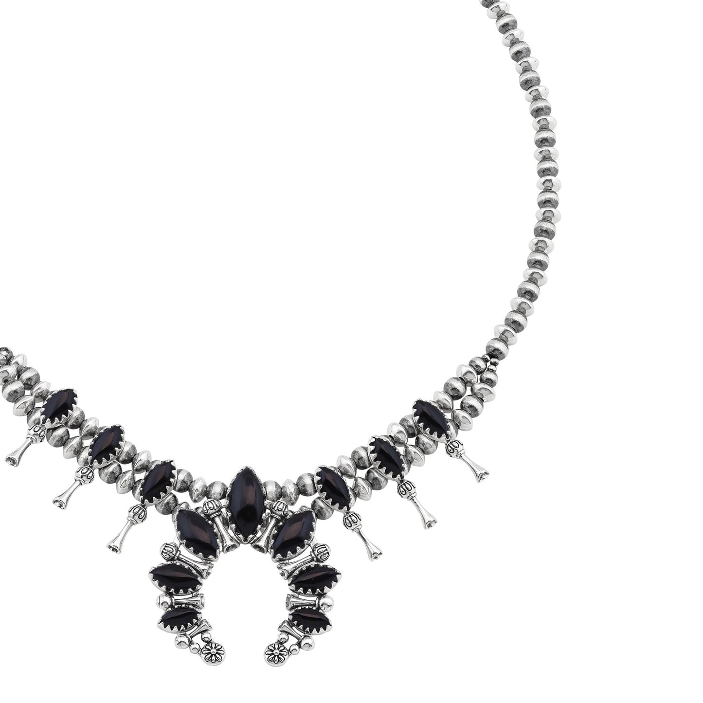  Sterling Silver Black Onyx Marquise-Cut Squash Blossom Necklace 