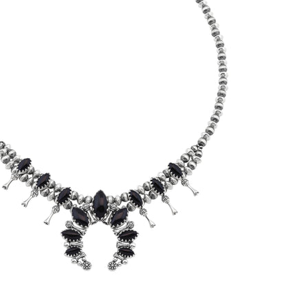  Sterling Silver Black Onyx Marquise-Cut Squash Blossom Necklace 