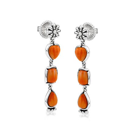 Sterling Silver Orange Spiny Oyster Gemstone Heart, Rectangle and Pear Concha Post Dangle Earrings 