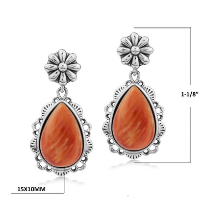 Sterling Silver Orange Spiny Oyster Pear-Cut Concha Dangle Earrings