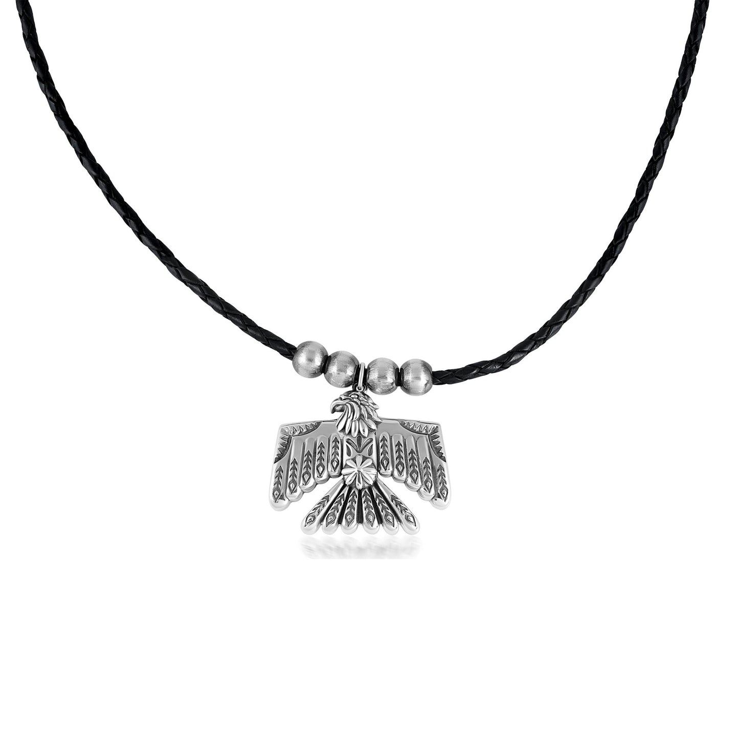 EXCLUSIVELY OURS! Sterling Silver Black Leather Thunderbird and Bead Pendant Necklace, 17 to 20 Inches