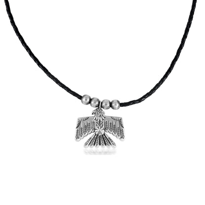 EXCLUSIVELY OURS! Sterling Silver Black Leather Thunderbird and Bead Pendant Necklace, 17 to 20 Inches