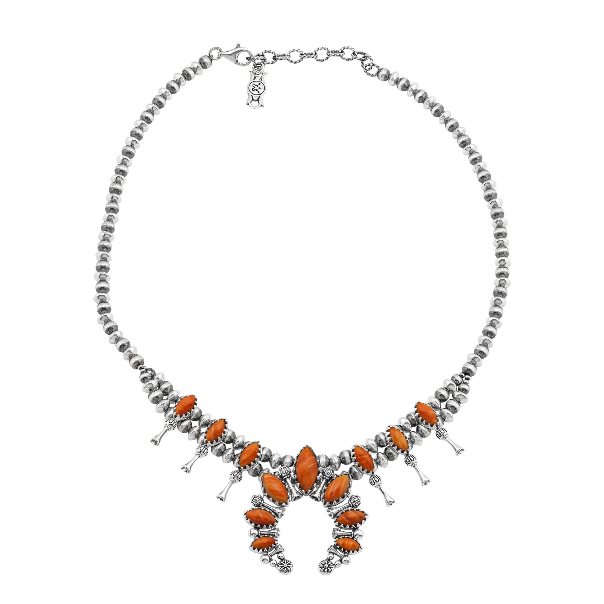  Sterling Silver Orange Spiny Oyster Marquise-Cut Squash Blossom Necklace