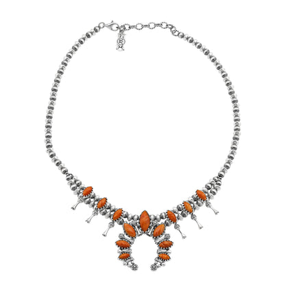  Sterling Silver Orange Spiny Oyster Marquise-Cut Squash Blossom Necklace