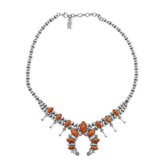  Sterling Silver Orange Spiny Oyster Marquise-Cut Squash Blossom Necklace
