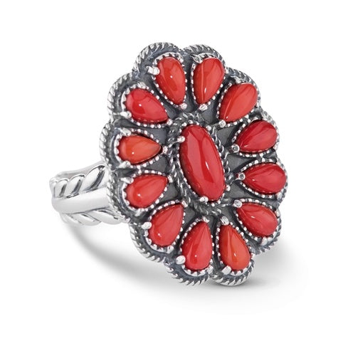 Sterling Silver Red Coral Gemstone Cluster Ring