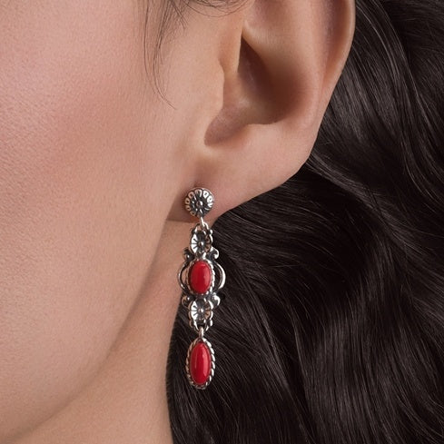Sterling Silver Women‚Äôs Drop & Dangle Earrings Red Sea Bamboo Gemstone Floral Design