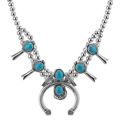 Sterling Silver Blue Turquoise Gemstone Squash Blossom Naja Necklace 16 to 19 Inch