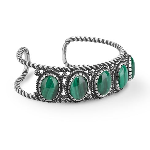 Sterling Silver Green Malachite Gemstone 5-Stone Cuff Bracelet Size S, M or L