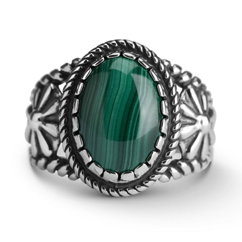 Sterling Silver Women's Ring Green Malachite Gemstone Concha