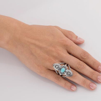 Sterling Silver Sleeping Beauty Turquoise Concha Rope Ring, Sizes 5 to 10