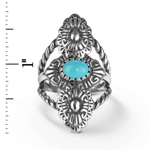 Sterling Silver Sleeping Beauty Turquoise Concha Rope Ring, Sizes 5 to 10