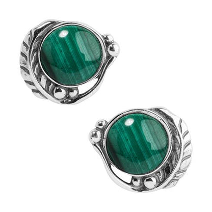 Sterling Silver Women's Button Earrings Green Malachite Gemstone Leaf Design