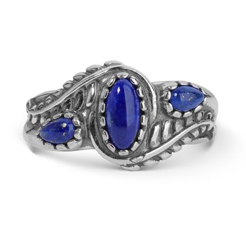 Sterling Silver Blue Lapis Gemstone 3-Stone Leaf Design Ring, Sizes 5 to 10