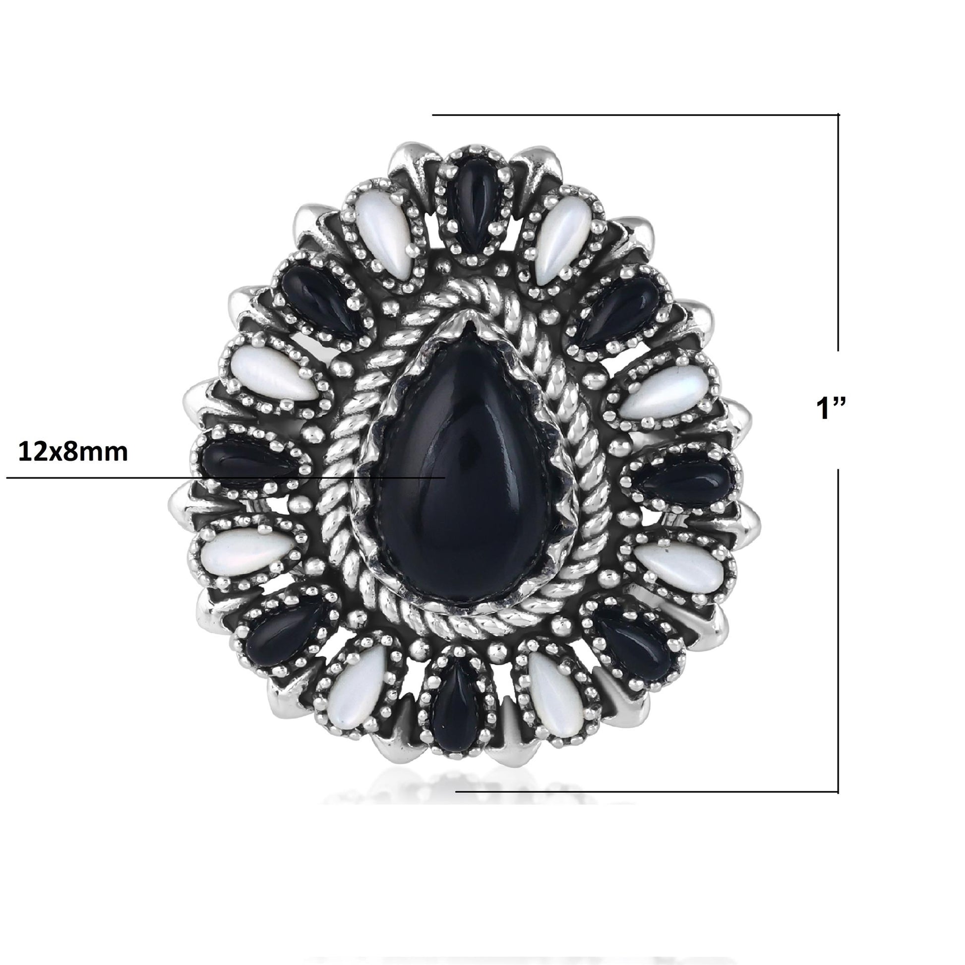 LIMITED EDITION! Sterling Silver Black Onyx and White Mother of Pearl Pear-Shaped Cluster Ring